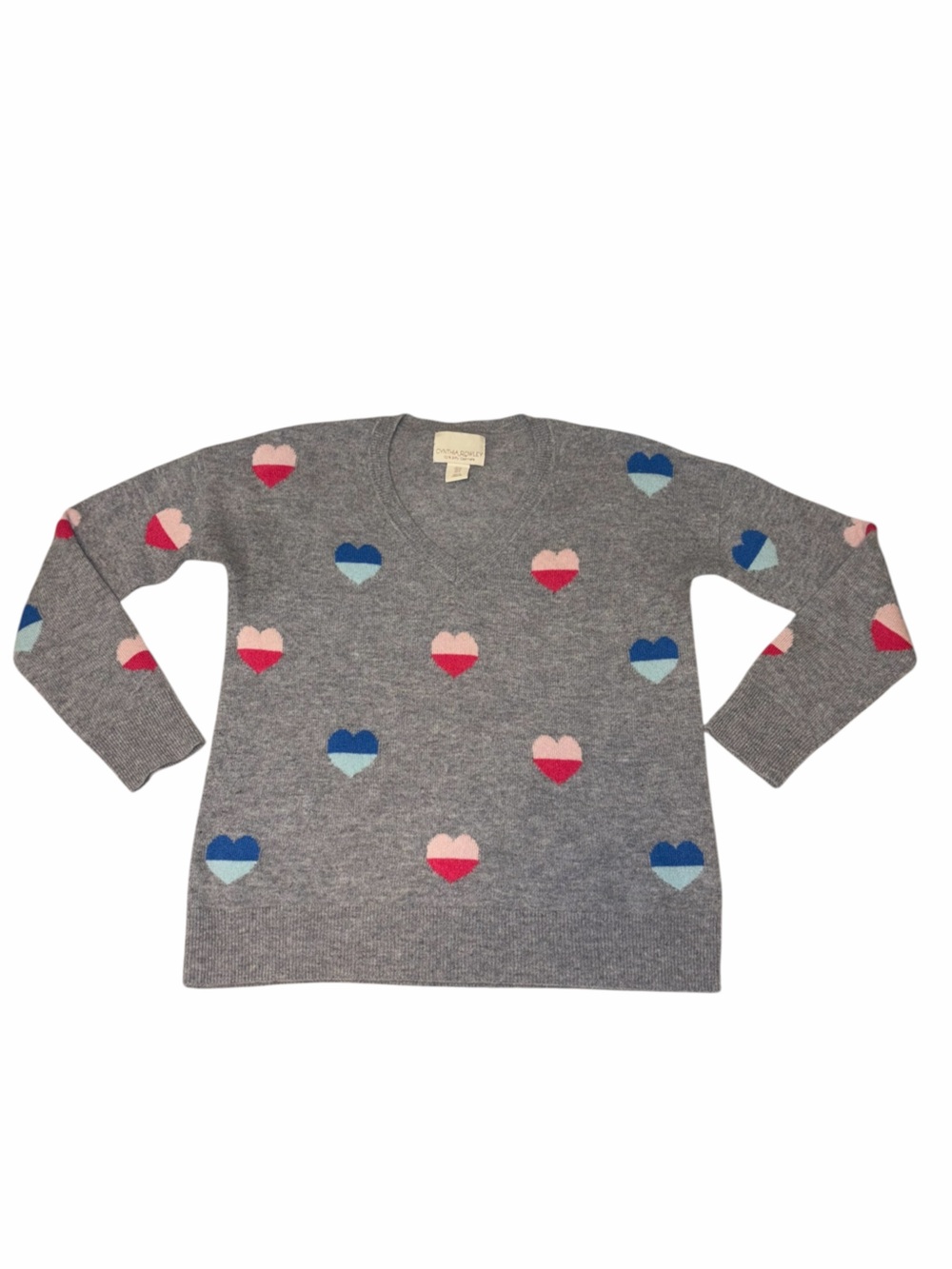Cynthia Rowley 100% Cashmere Heart Sweater Small Gray Colorblock Y2K Capsule